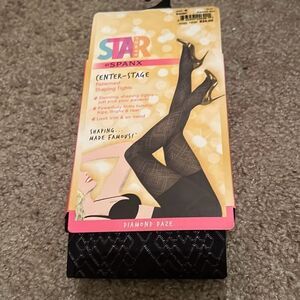 Star Power By Spanx Size B Diamond Pattern Shaping Tights Black Semi Sheer New
